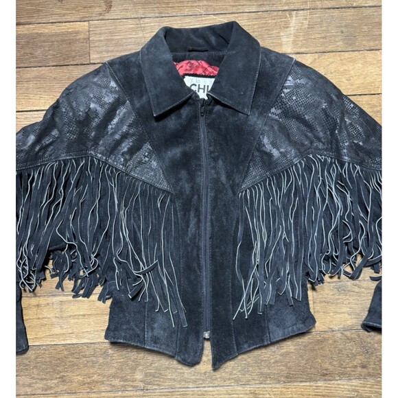 Vintage Chia Leather Jacket Womens Small Black Fringe Western Cowgirl Nashville - Picture 2 of 11